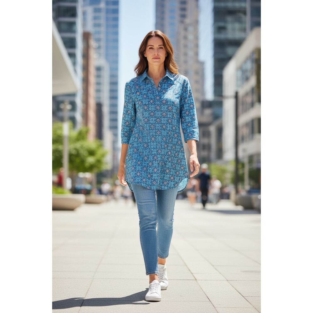 Coolibar UPF 50 Blue Green Print V-Neck 3/4 Sleeve Tunic Top Women’s Sz M